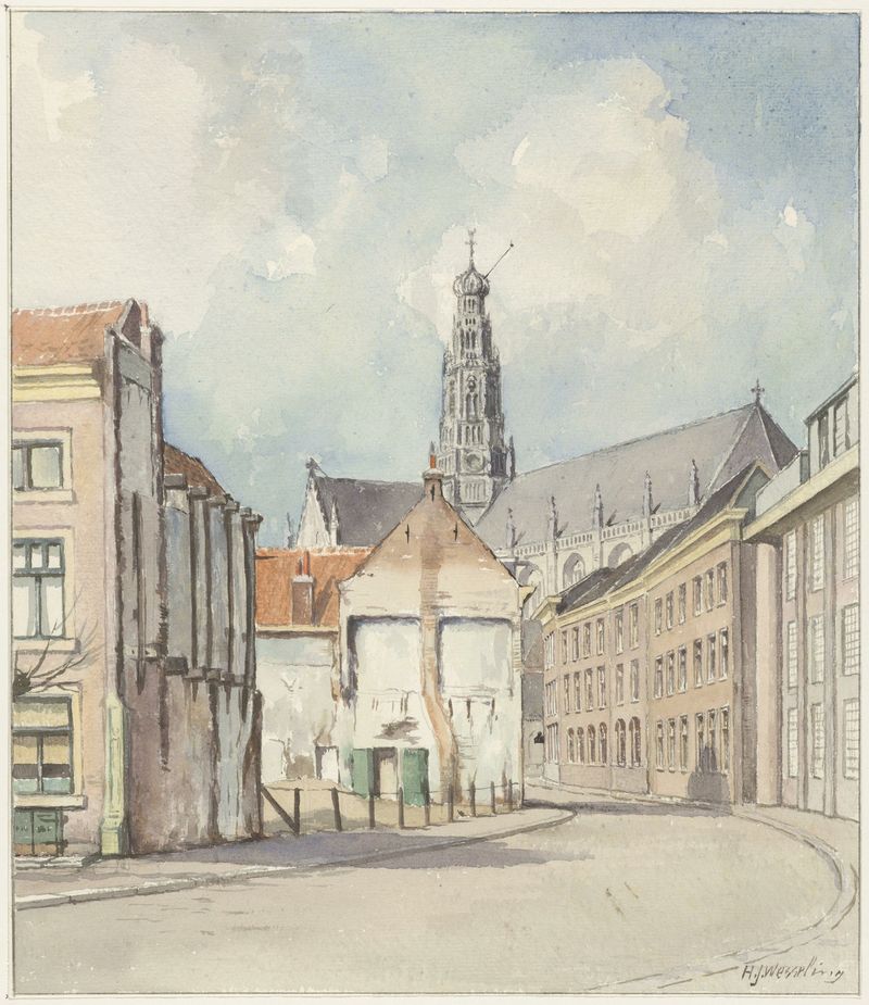 Oil painting by Hendrik Jan Wesseling depicting crumbling facades and a dark sky.