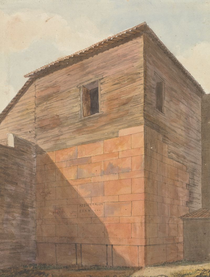 Corner of Stone and Wood Building by Willey Reveley, depicting architecture with inscriptions, unknown medium.