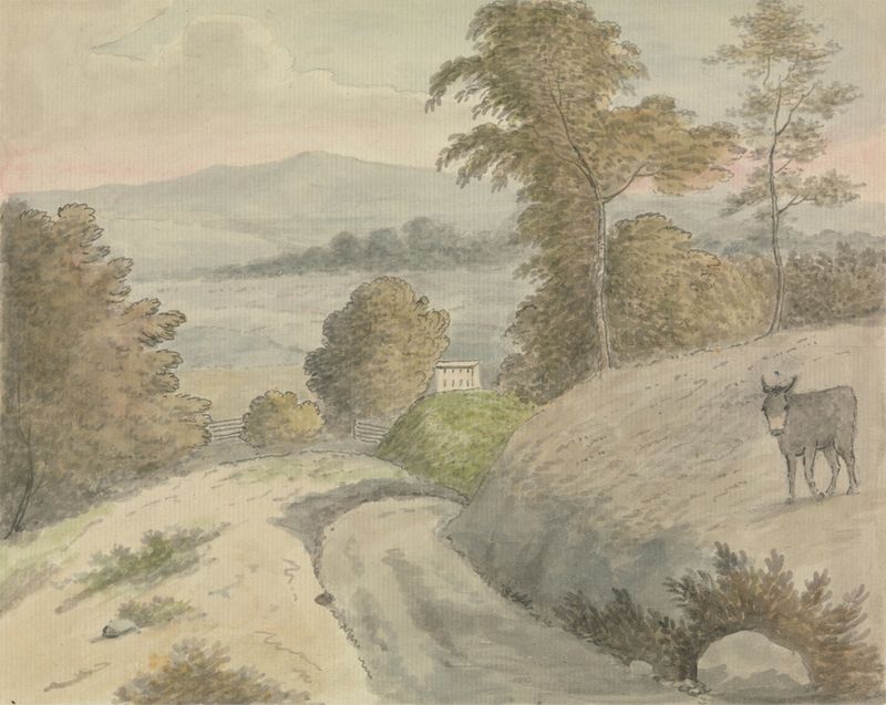 Landscape oil painting by Edward Francis Burney featuring lush greenery and gentle hills.