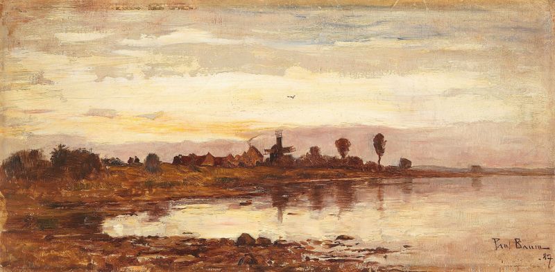Paisagem holandesa com um canal e um moinho de vento de Paul Baum, pintura a óleo