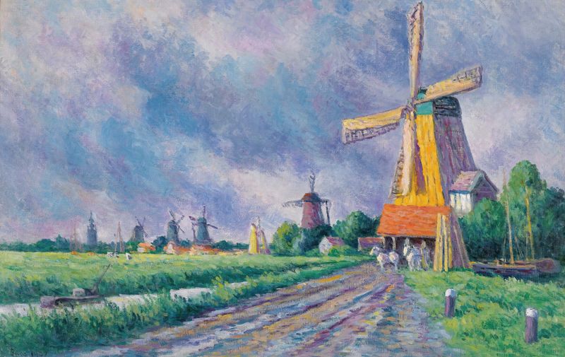 Paisaje óleo de Maximilien Luce que muestra el crepúsculo sobre colinas onduladas