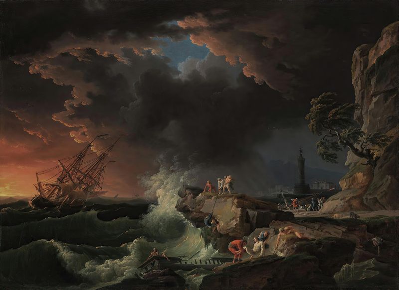 Pintura al óleo de Claude-Joseph Vernet que representa un naufragio con figuras llegando a la orilla