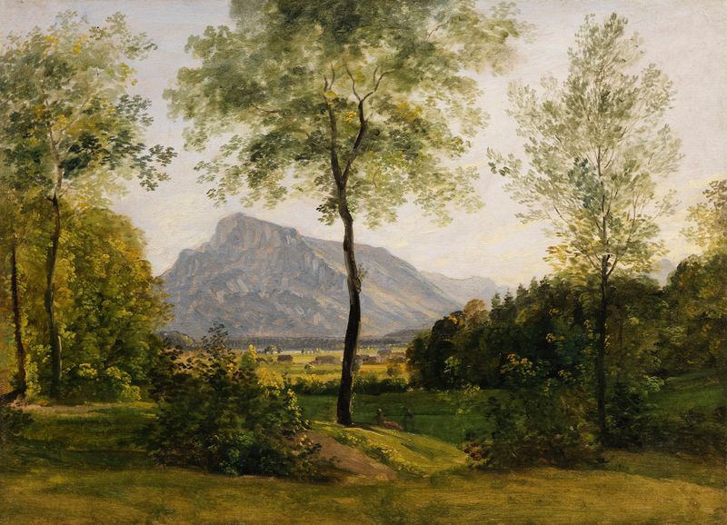Landschaft mit dem Untersberg bei Salzburg by Johann Georg von Dillis, oil painting depicting hills and mountains.