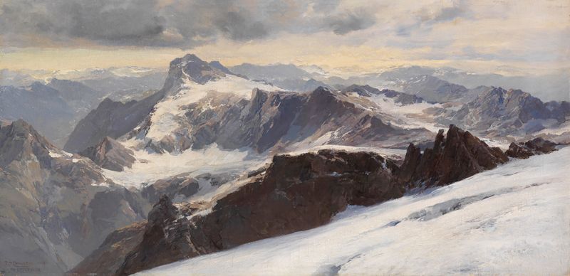 Paisagem de montanhas e vales, pintura a óleo de Edward Theodore Compton