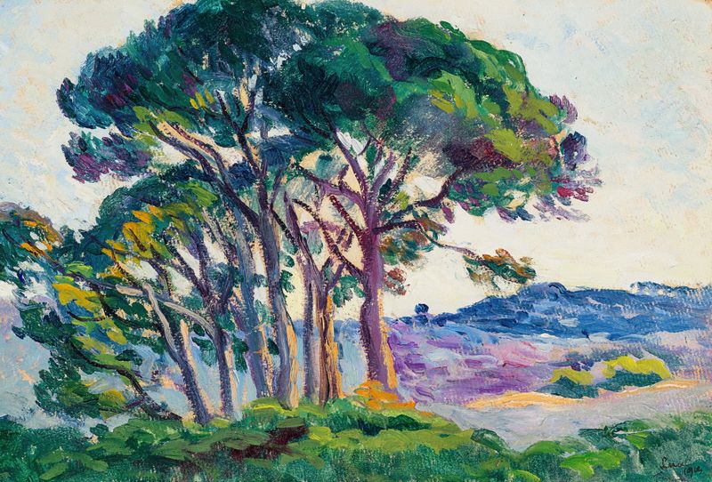 Paisagem com pinheiros e luz filtrada, óleo sobre tela de Maximilien Luce