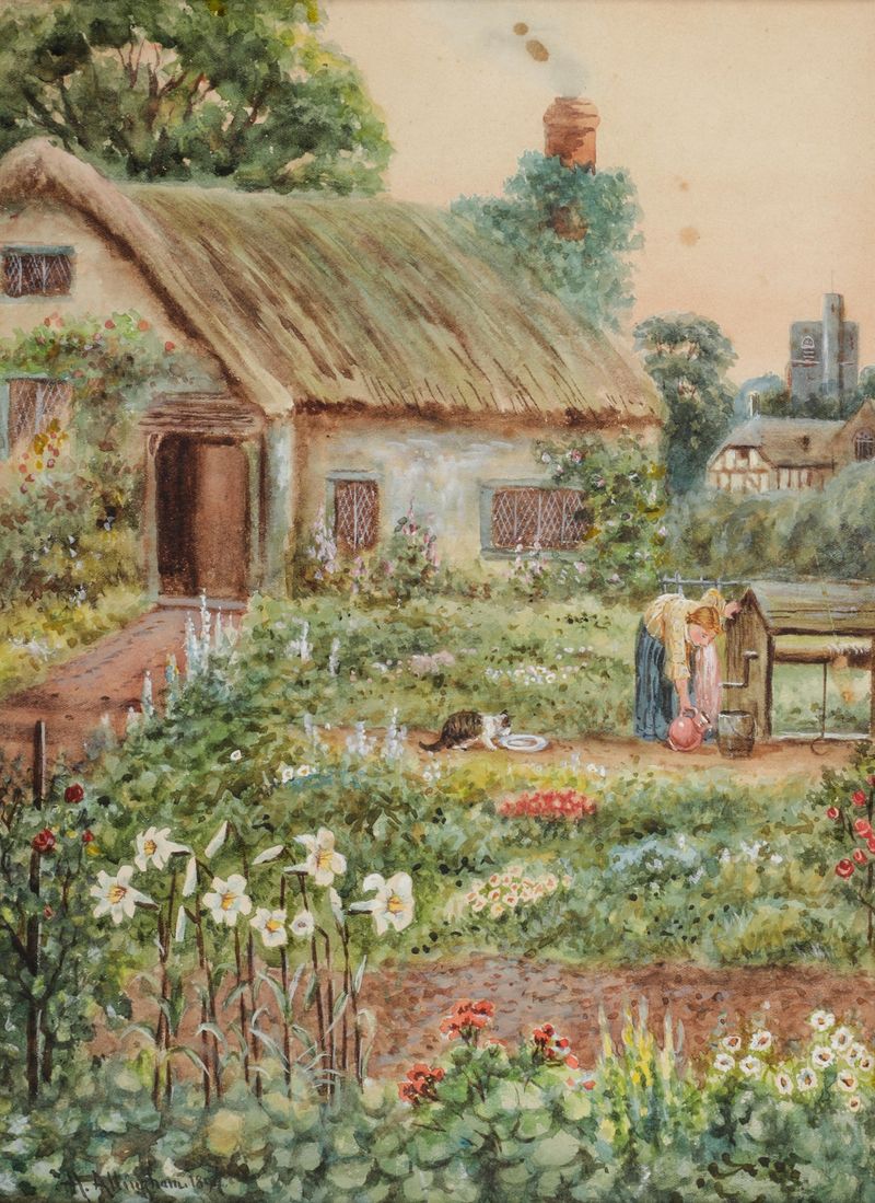 Aquarela de Helen Allingham mostrando uma mulher cuidando de flores em um jardim de campo.
