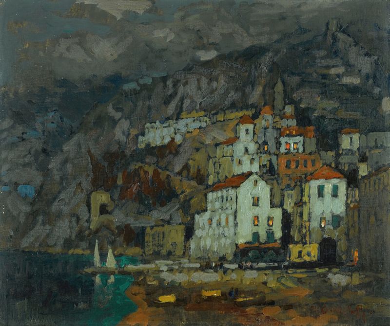 Coastal landscape with cliffs and turquoise waters by Konstantin Ivanovich Gorbatov, oil painting