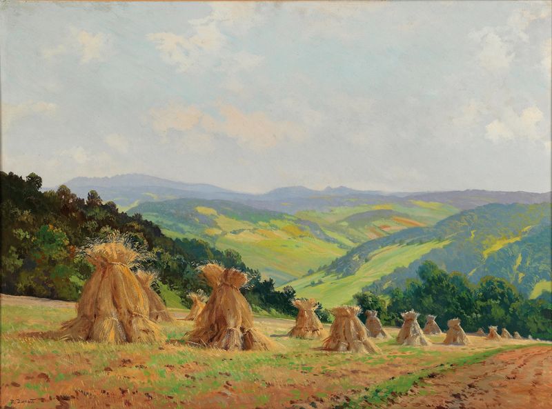 Waldviertler Voralpenlandschaft de Hugo Darnaut, óleo sobre lienzo que muestra colinas y un cielo tenue.