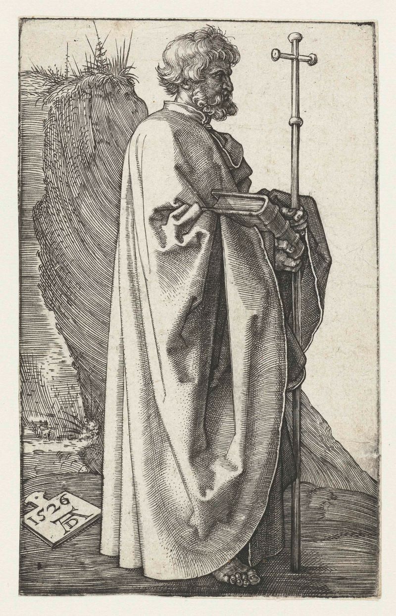 Grabado de Albrecht Dürer que representa a Philippus en una túnica roja con luz y sombra dramáticas.