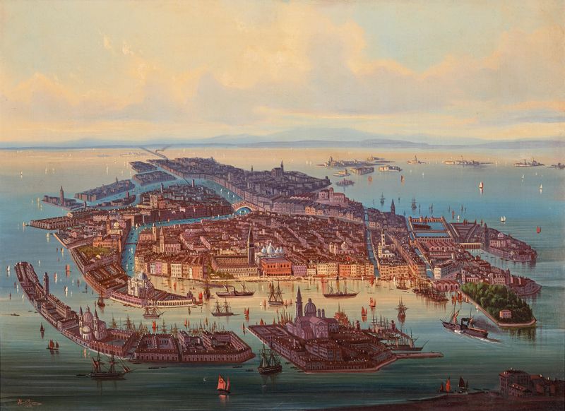 A Panoramic View Of Venice by Albert Rieger, depicting a sunset over the canal.