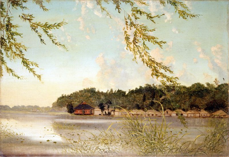 Shinobazu Pond de Takahashi Yuichi, tinta sobre papel, representando un paisaje tranquilo con agua y reflejos.