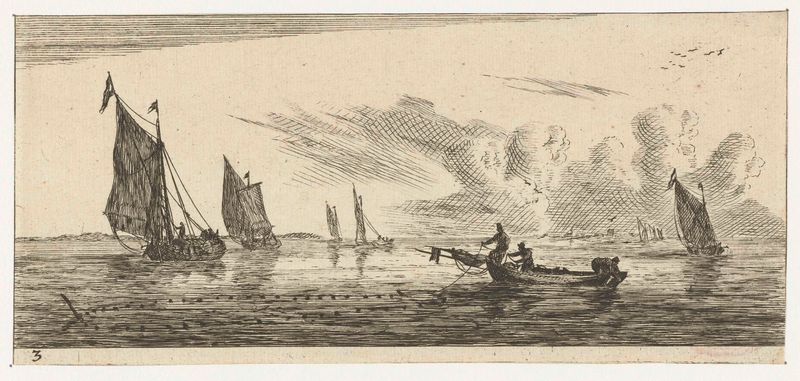 Etching by Reinier Nooms depicting turbulent sea with sailboats