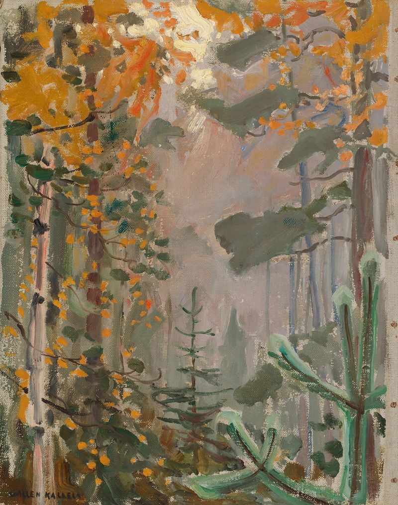 Autumn Landscape oil painting by Akseli Gallen-Kallela featuring a serene lake and autumn foliage.