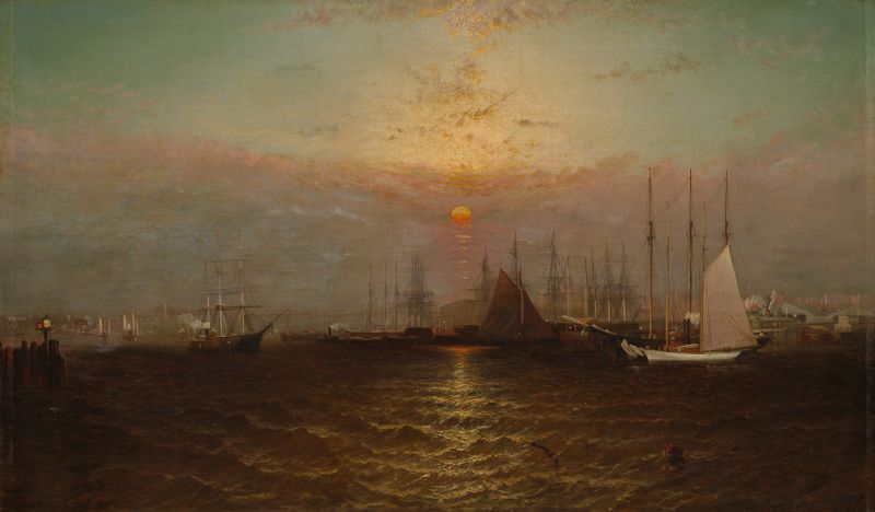 Pintura al óleo de G. Baker que representa el Puerto de Nueva York con el Puente de Brooklyn al atardecer.
