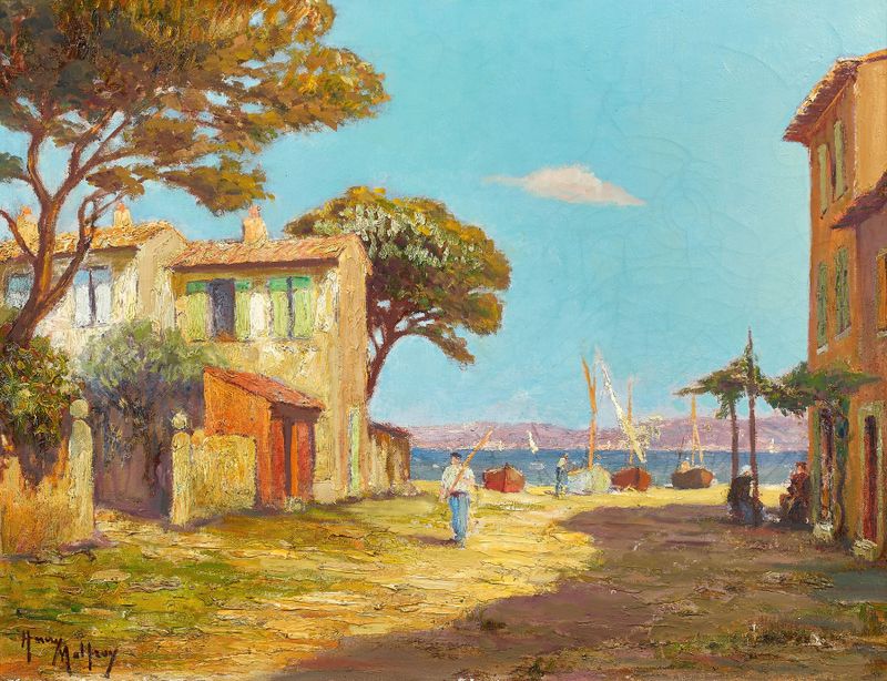 Marine scene by Henry Malfroy, oil on canvas, featuring a tranquil shoreline and horizon.