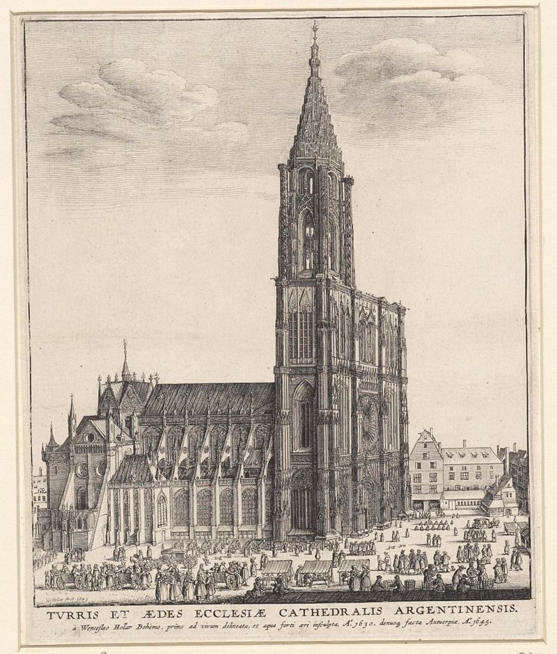 Gravura de Wenceslaus Hollar representando as arcos e torres da Catedral de Estrasburgo.