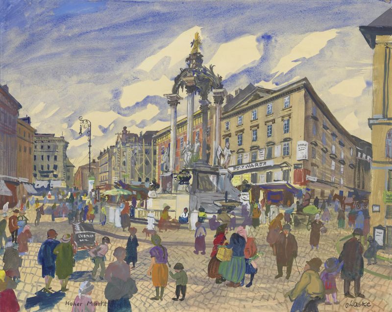 Pintura figurativa a óleo de Oskar Laske mostrando uma figura solitária em contemplação.