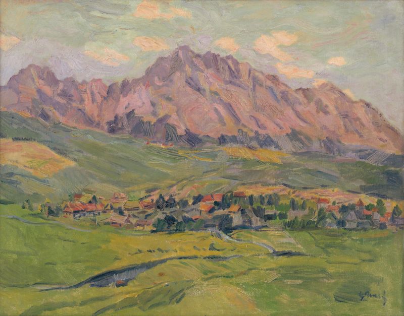The Sub-Tatran Village de Gustáv Mallý, óleo sobre lienzo que representa un atardecer sobre un pueblo.