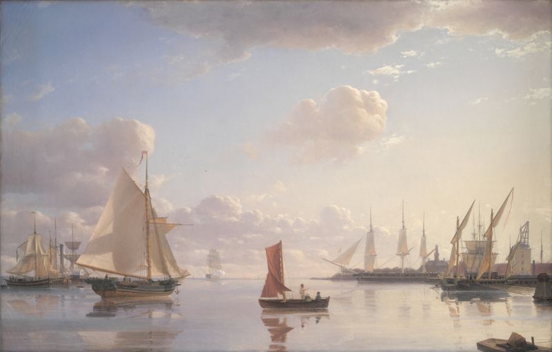 Marine scene of the Royal naval Dockyards at Nyholm, Copenhagen by Emanuel Larsen, oil painting