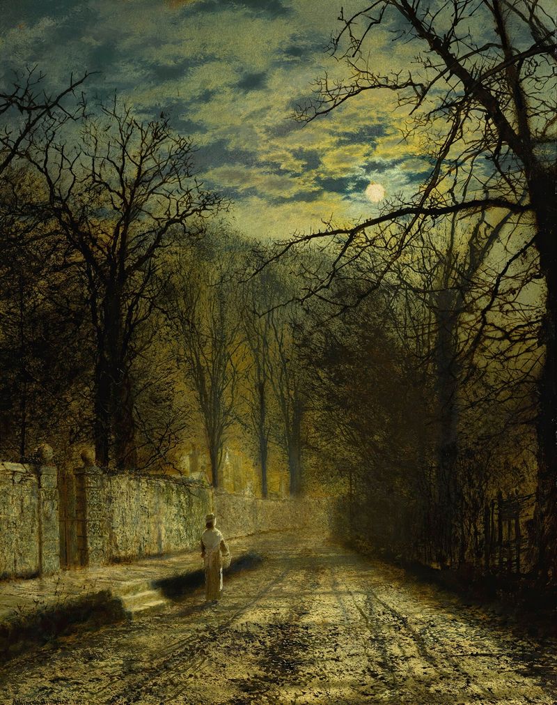 Cena de rua iluminada pela lua com paralelepípedos, óleo sobre tela de John Atkinson Grimshaw