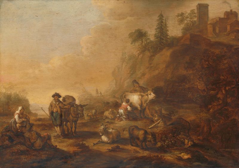 Landscape with Herdsmen and their Droves, óleo de Cornelis de Bie