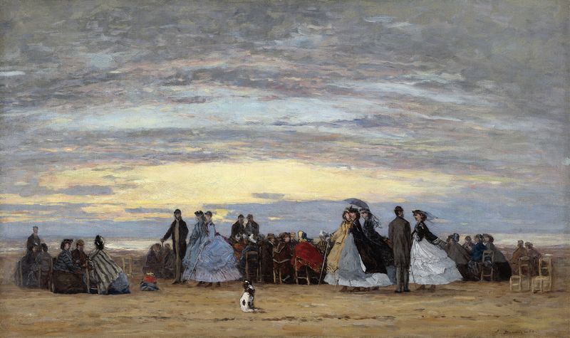 A Praia em Villerville de Eugène Boudin, óleo sobre tela, retratando uma cena de praia com ondas e veleiros.