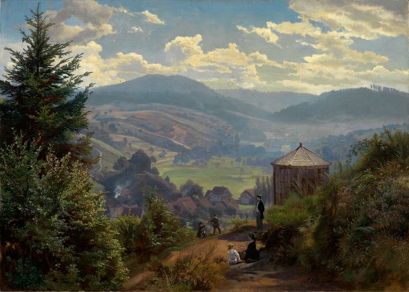 Paisaje de un valle al amanecer por Johann Wilhelm Schirmer, medio desconocido.
