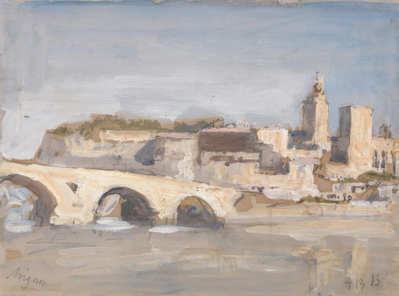 Paisaje con un río y un puente, óleo sobre lienzo de Hercules Brabazon Brabazon