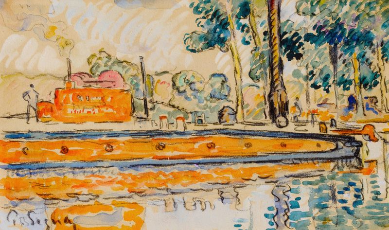 Rivière de Paul Signac, óleo sobre lienzo que representa una escena de río tranquila con colores vibrantes.
