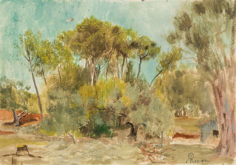 Landscape featuring pine trees against a golden sky, oil painting by Cornelis Ary Renan