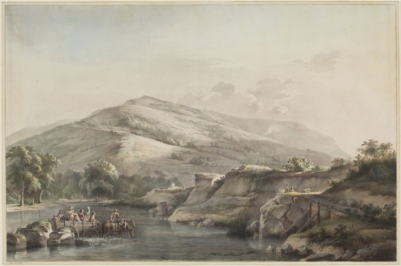 A genre scene of peasants crossing a ford with a horse-drawn cart, by Jean-Jacques de Boissieu.