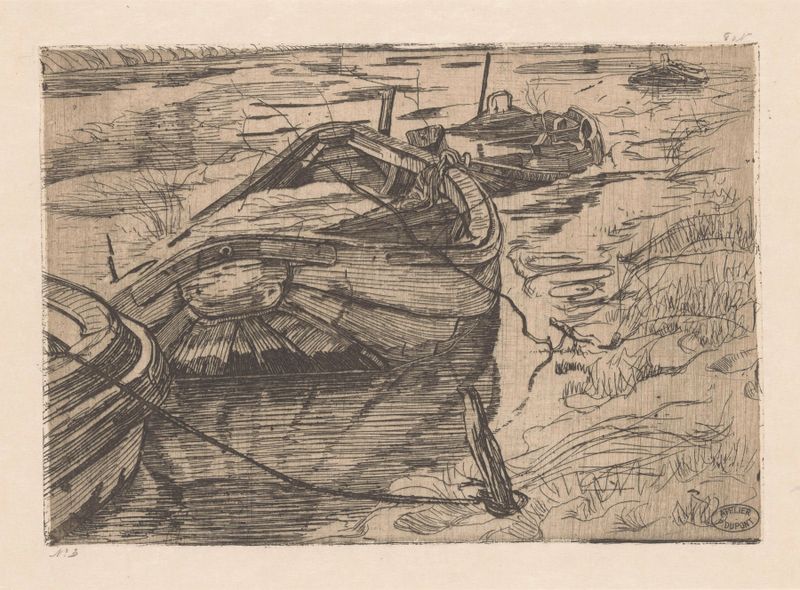 Afgemeerde roeiboten in een sloot by Pieter Dupont, depicting boats on tranquil water at twilight.
