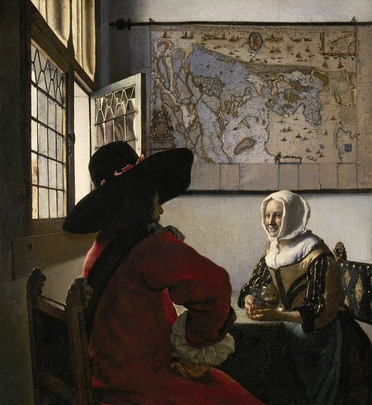 Officer and Laughing Girl, oil on canvas by Johannes Vermeer, depicting a woman pouring wine.