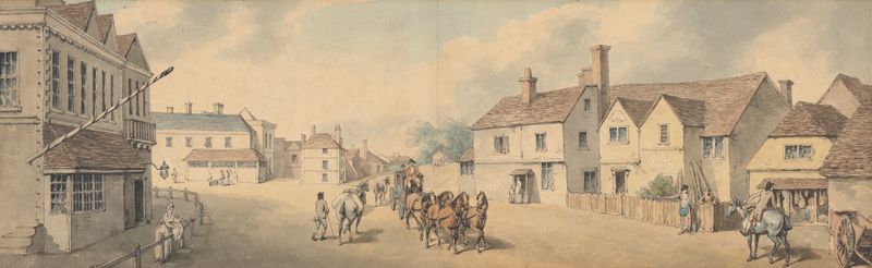 A coach and horses on a tree-lined road, oil on canvas by Samuel Howitt