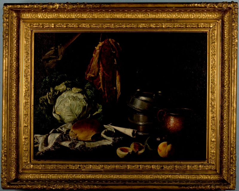Still Life de Giovanni Francesco Briglia, óleo sobre lienzo, con frutas sobre una mesa.