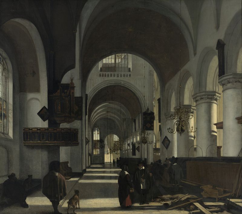 Interior de una iglesia con columnas y vitrales, óleo sobre lienzo de Emanuel de Witte
