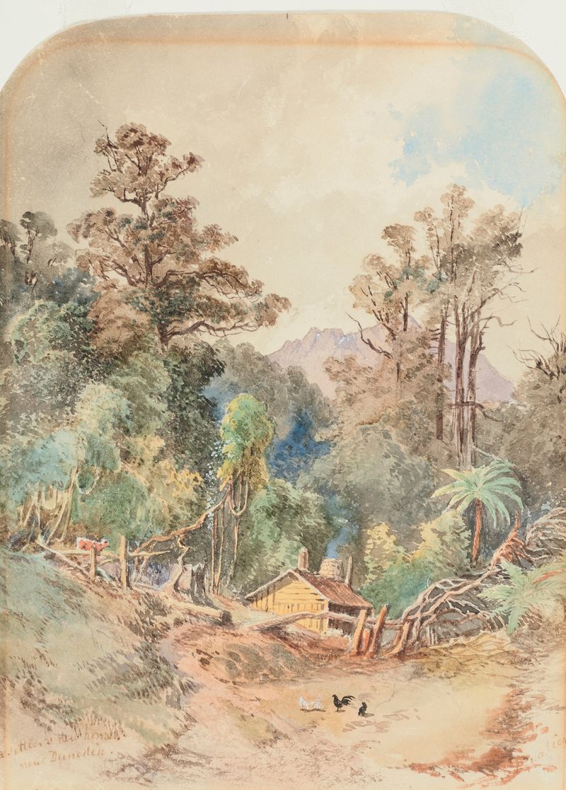 Paisagem representando uma casa de fazenda cercada por colinas e céu por Nicholas Chevalier, pintura a óleo