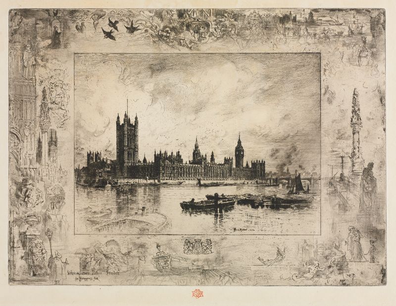 Escena marina etérea de Félix Hilaire Buhot, con reflejos al atardecer y barcos.