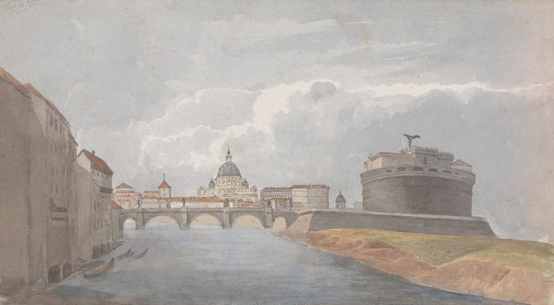 Paisagem do rio Tibre com o Castelo de São Ângelo de Isaac Weld, 1818, pintura a óleo