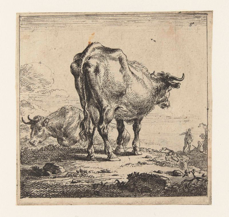 Gravura de Nicolaes Pietersz Berchem mostrando uma vaca em uma colina.