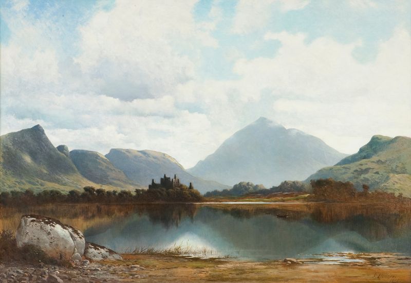 Kilchurn Castle pintura a óleo de Sydney Hodges, com ruínas ao lado do Loch Awe.
