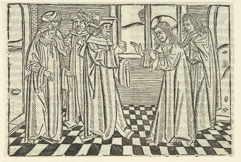Desenho religioso em papel de Master of Delft retratando fariseus em diálogo.