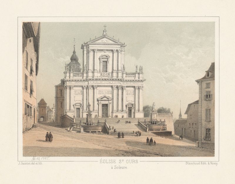 Église St Ours à Soleure de Jean Jacottet, óleo sobre lienzo, representa una iglesia serena en suaves tonos azules.