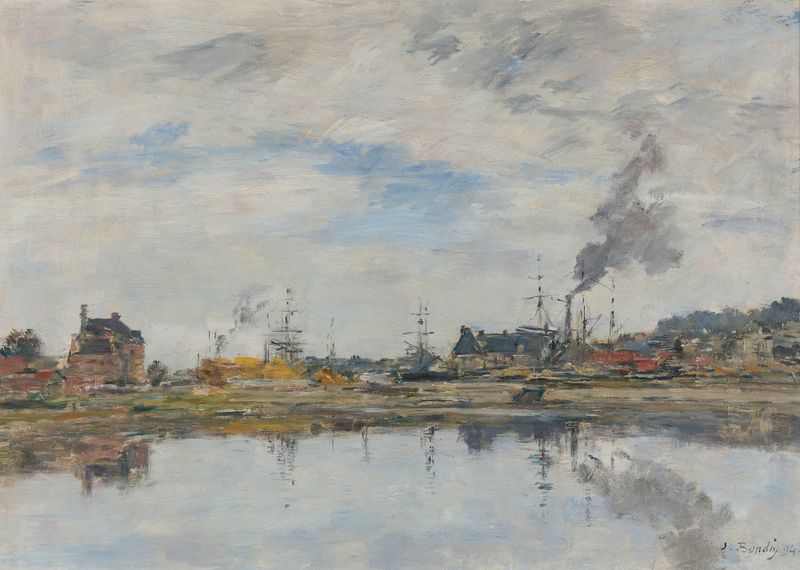 La Retenue À Trouville de Eugène Boudin, pintura a óleo que retrata uma cena de praia com figuras ao crepúsculo.