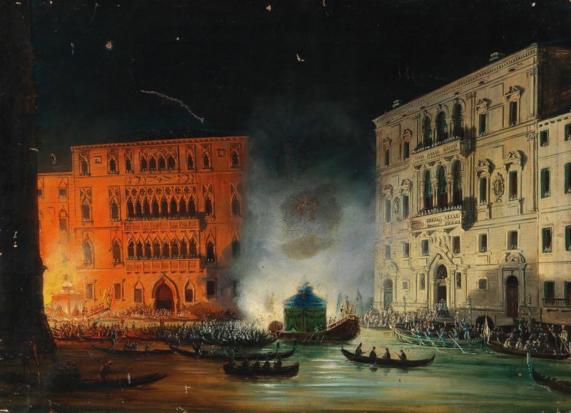 Festividades en Venecia en el Gran Canal en 1838, óleo sobre lienzo de Giovanni Grubacs
