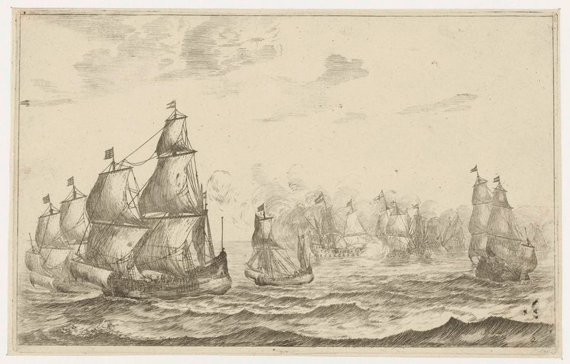 Cena de batalha naval com barcos e velas, gravura de Reinier Nooms