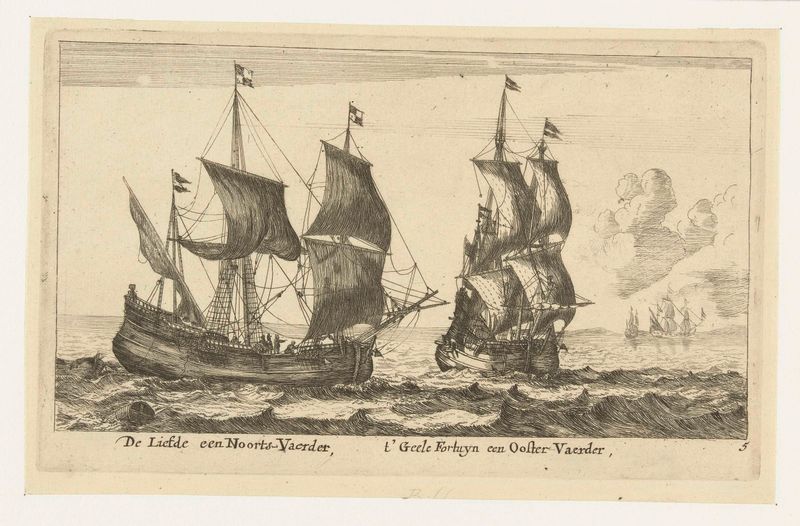 Gravura mostrando os navios 't Gele Fortuin e De Liefde no oceano de Unknown Artist