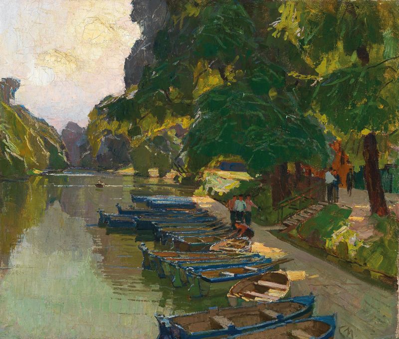 Landing stage at Heustadlwasser de Carl Moll, óleo sobre lienzo que muestra aguas tranquilas y reflejos