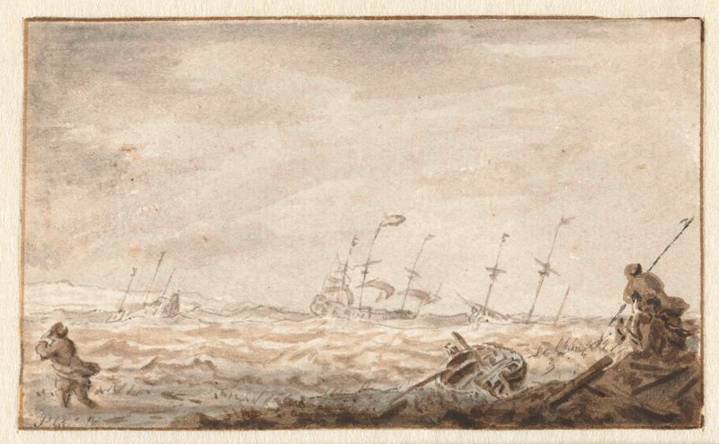 Zeilschepen op ruwe zee, oil on canvas by Pieter Coopse depicting ships in a stormy sea.