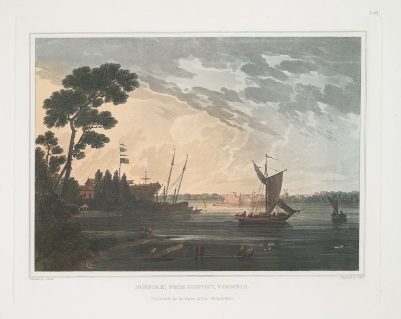 Norfolk, from Gosport, Virginia by Joshua Shaw, oil on canvas depicting boats on water